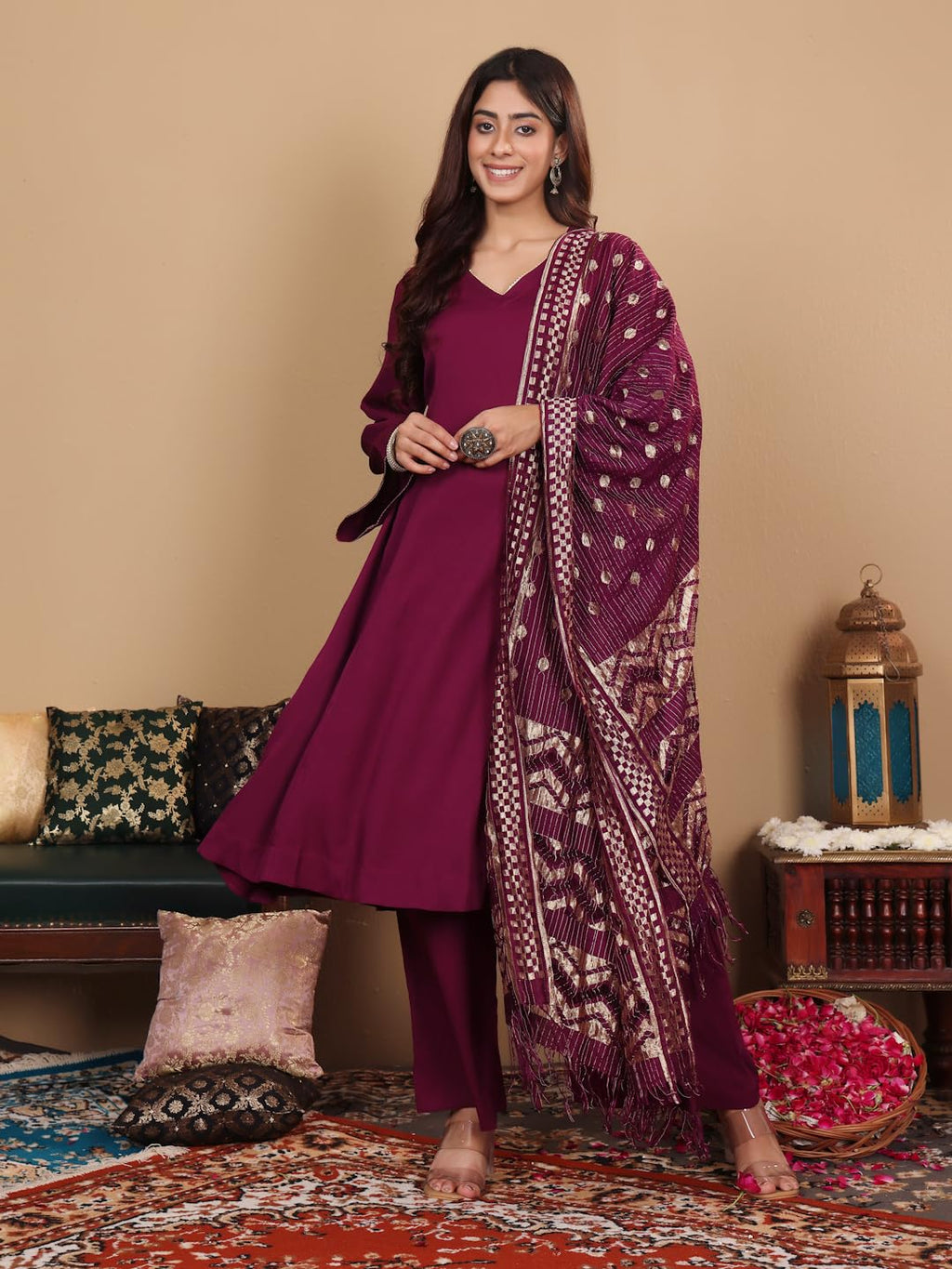Varanga Women Purple Crepe Gota Lace Embellished Anarakli Kurta Set With Dupatta