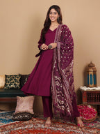 Varanga Women Purple Crepe Gota Lace Embellished Anarakli Kurta Set With Dupatta