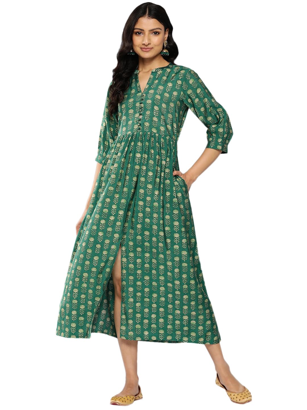 Libas WomenS Silk Fit And Flare Maxi Dress (26232_Green