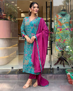 ANNI DESIGNER Womens Cotton Blend Straight Printed Kurta with Pant & Dupatta (Down-RAMA-Green_M_Green_Medium)