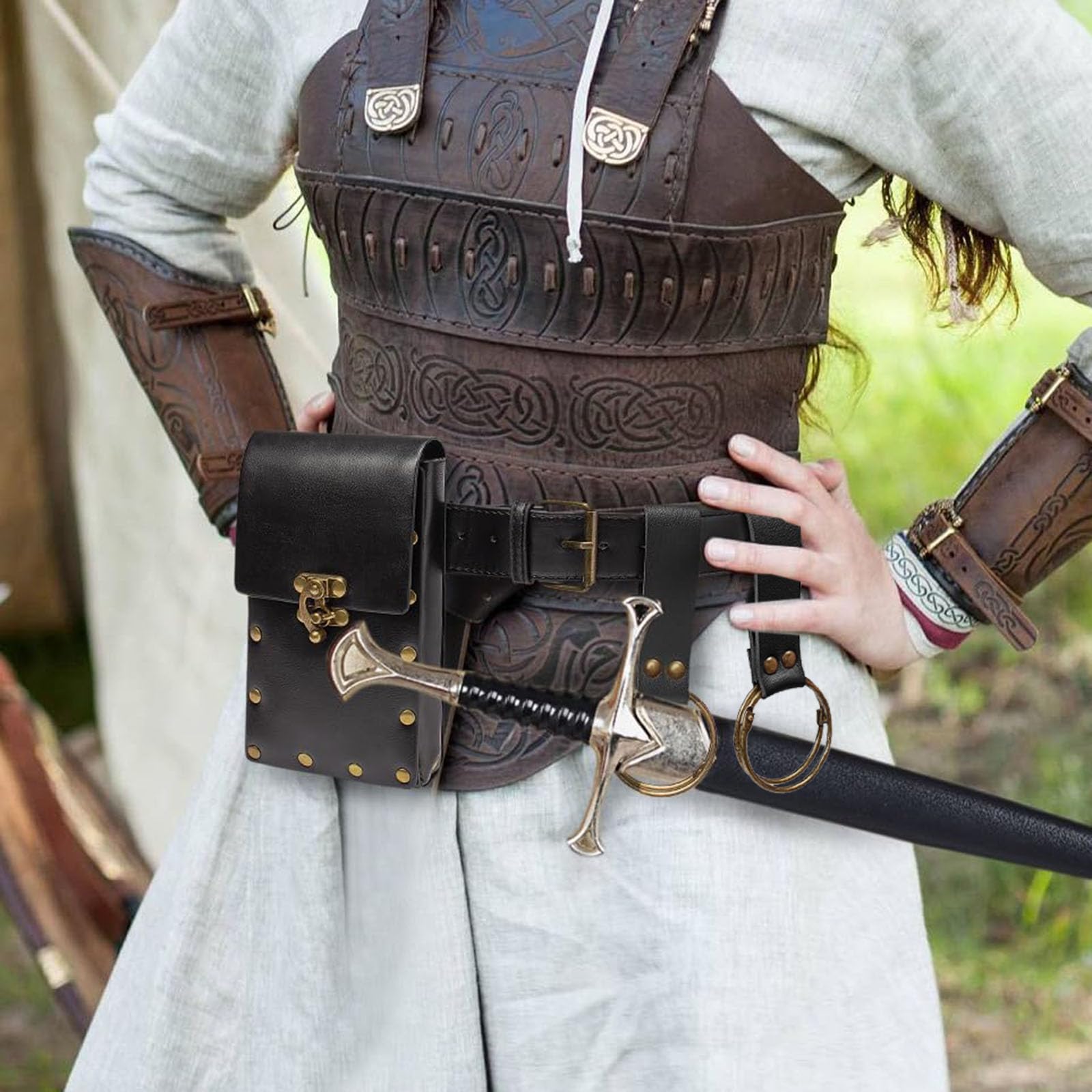 Ren Faire Costume Sets Medieval Belt Pouch Casual Fanny Pack Phone Holder Steampunk Festival Cosplay Accessory Waist Bag (1-Blac