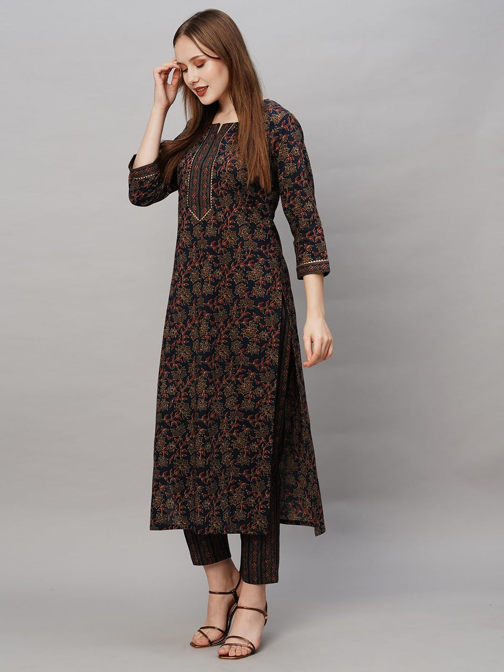 ANNI DESIGNER Womens Cotton Blend Printed Straight Kurta with Pant (End Blue_S_Blue_Small)