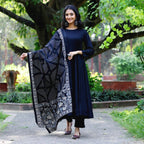 ANNI DESIGNER Women s Anarkali Plain Rayon Blend with Trousers and Dupatta, Light Brown::Blue, S