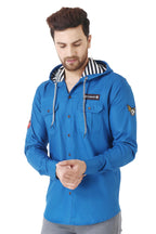 Besix MenS Blue Tailored Fit Cotton Blend Shirt For Man With Hoodie - Casual Long Sleeve Shirt With Pockets - Patch Detail For