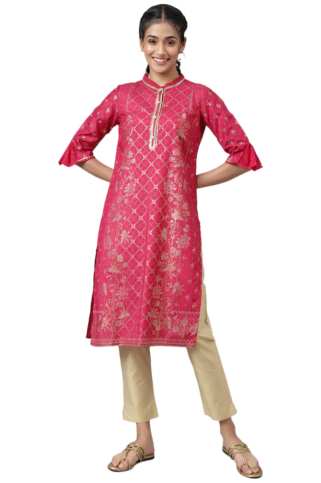 Aurelia WomenS Polyester Pink Floral Mandarin Collar Straight Kurta_22Aua13488-505722_L