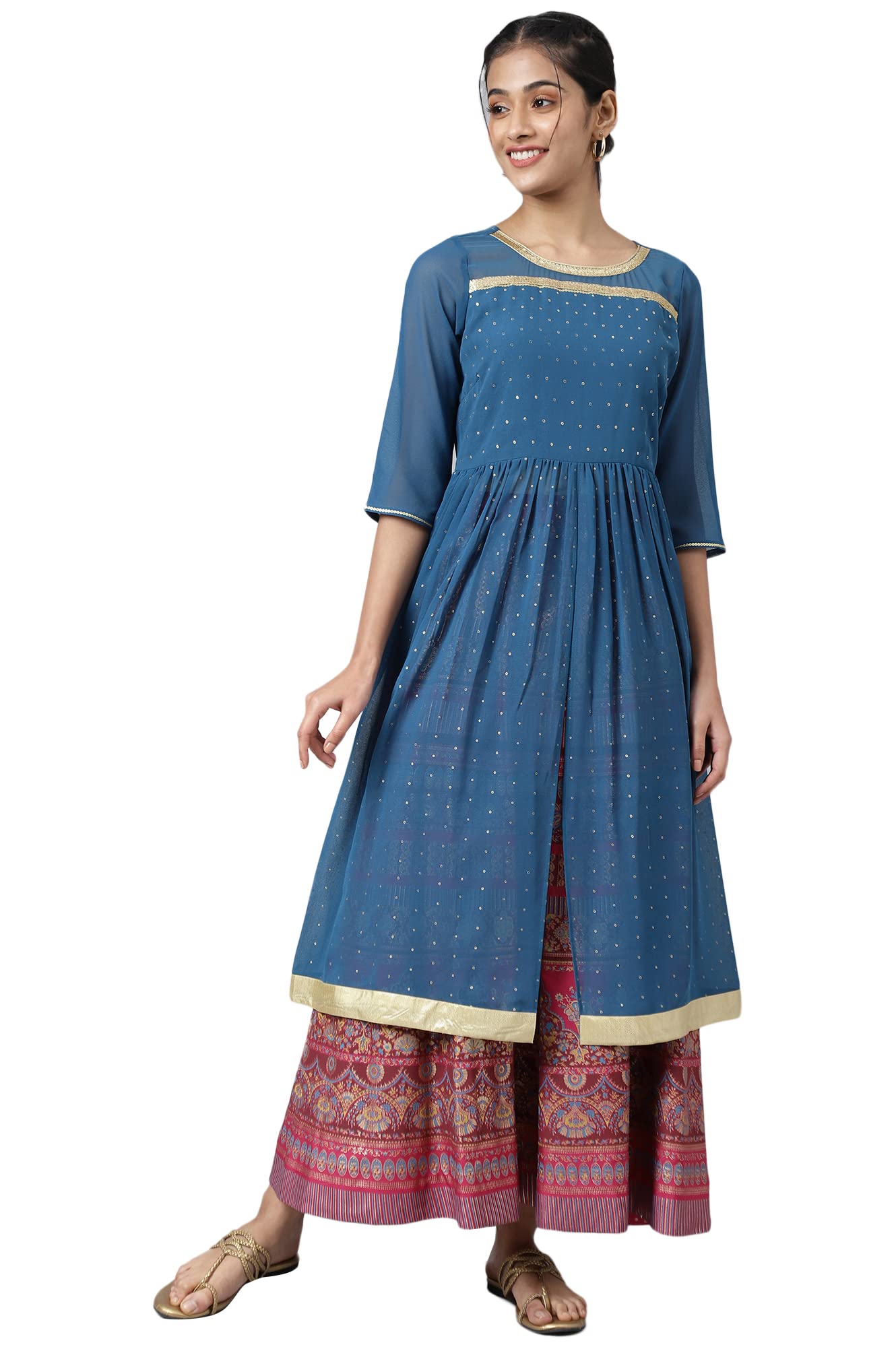 Aurelia Women Blue Foil Printed Kurta With Pink Skirt_22AUAS13513-506024_M