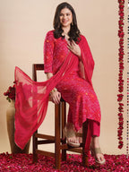 ANNI DESIGNER Women s Rayon Blend Kurta with Pants and Dupatta, Pink, L