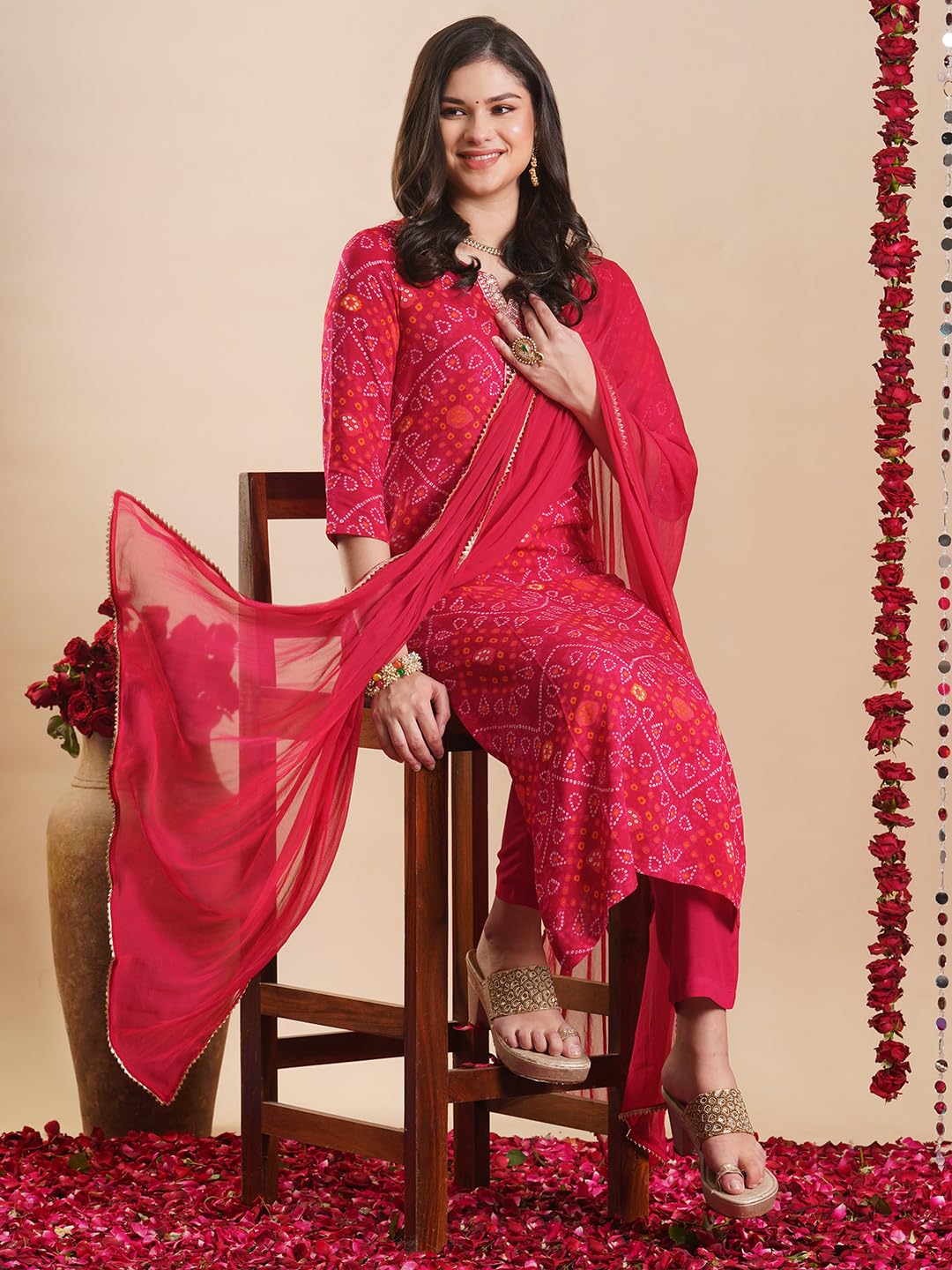 ANNI DESIGNER Women s Rayon Blend Kurta with Pants and Dupatta, Pink, L