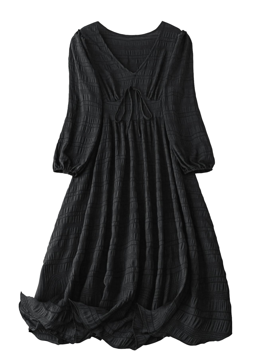 Shasmi Womens & Girls Black Dress For Women Midi, One Piece Dress For Womens Casual Dress, Solid Textured Lantern Sleeve Tie Fro