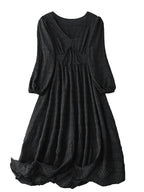 Shasmi Womens & Girls Black Dress For Women Midi, One Piece Dress For Womens Casual Dress, Solid Textured Lantern Sleeve Tie Fro