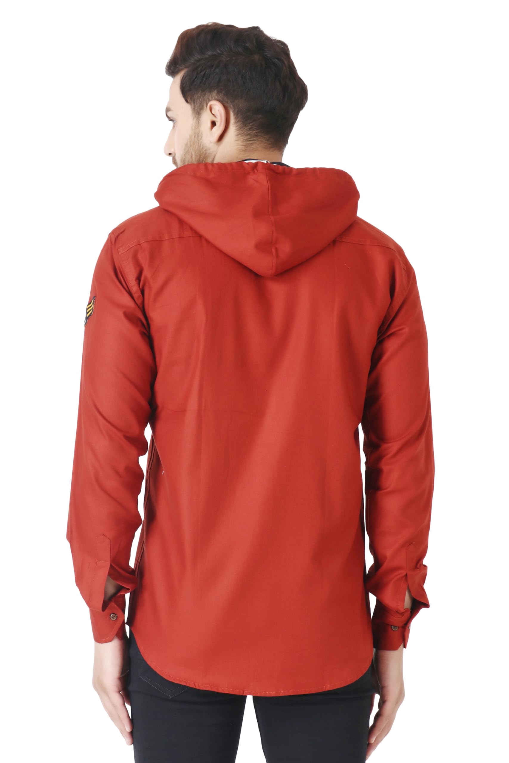 Besix MenS Red Tailored Fit Cotton Blend Shirt For Man With Hoodie - Casual Long Sleeve Shirt With Pockets - Patch Detail For S