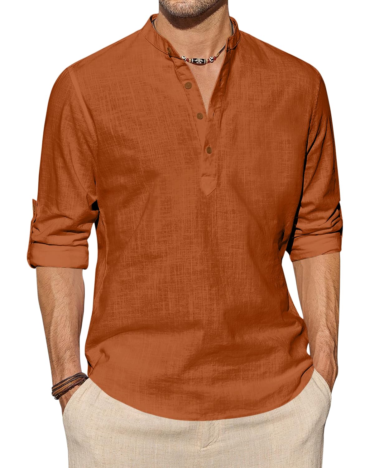 Zombom MenS Cotton Blend Solid Full Sleeve Short Kurta Shirt With Mandarin Collar Brown
