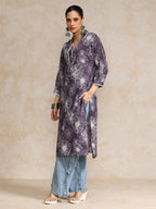 Varanga V Neck Kurta With Lace Detailing And Big Floral Print Purple