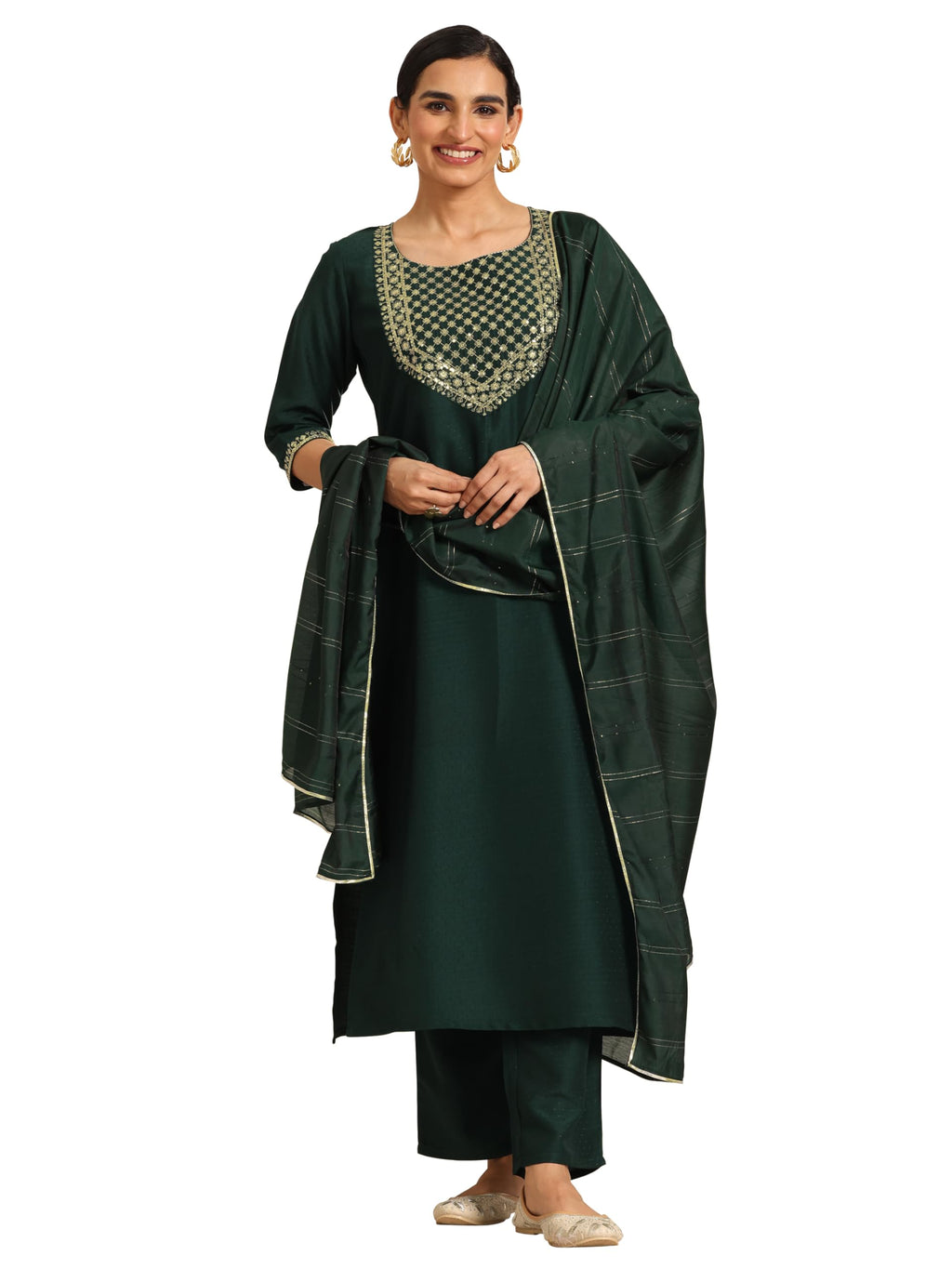 Gerua By Libas Womens Yoke Design Silk Blend Straight Kurta With Trousers And Dupatta