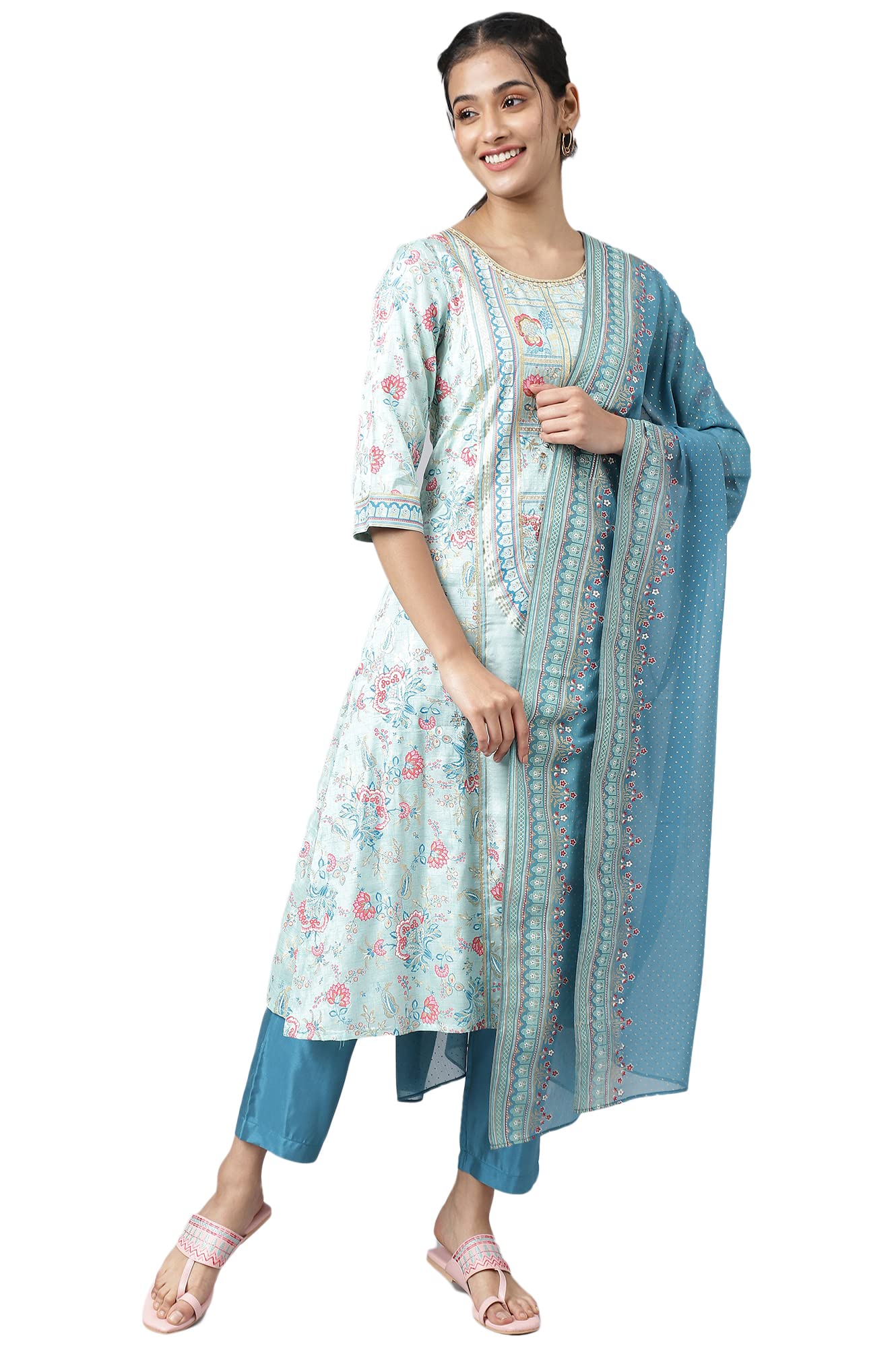 Aurelia Women Liva Blue Glitter Printed Kurta With Blue Trousers And Dupatta_22Aud10477-503974_L