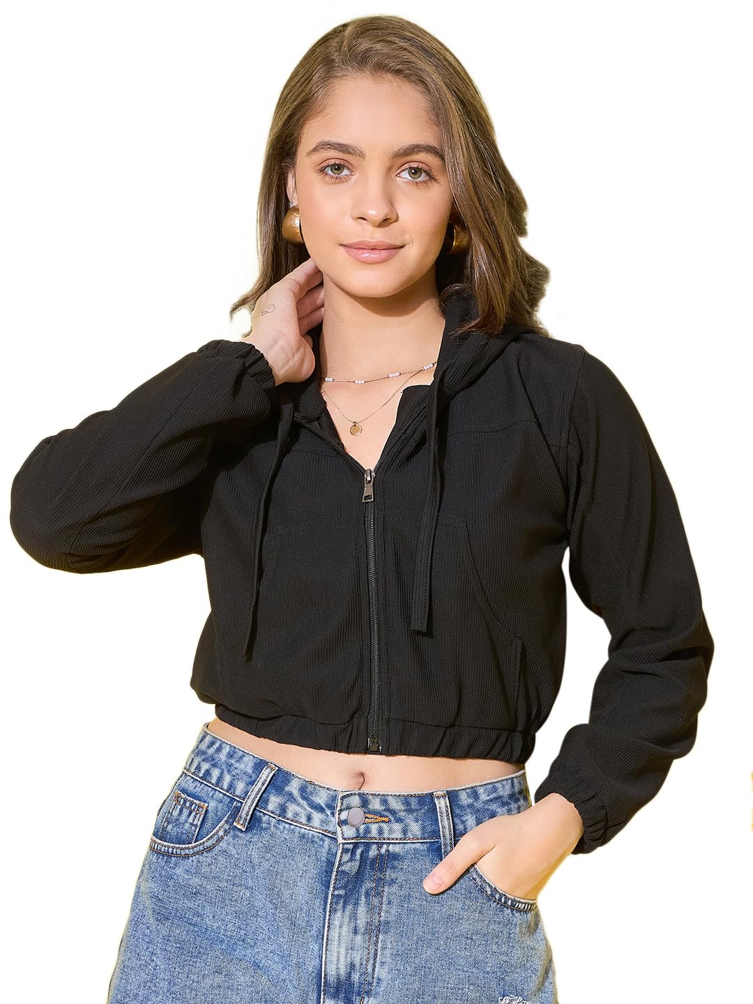 Buynewtrend Womens Cotton Ribbed Short Casual Hoodie Jacket with Front Zipper | Hooded Neck Girls Jackets (Large, Black)