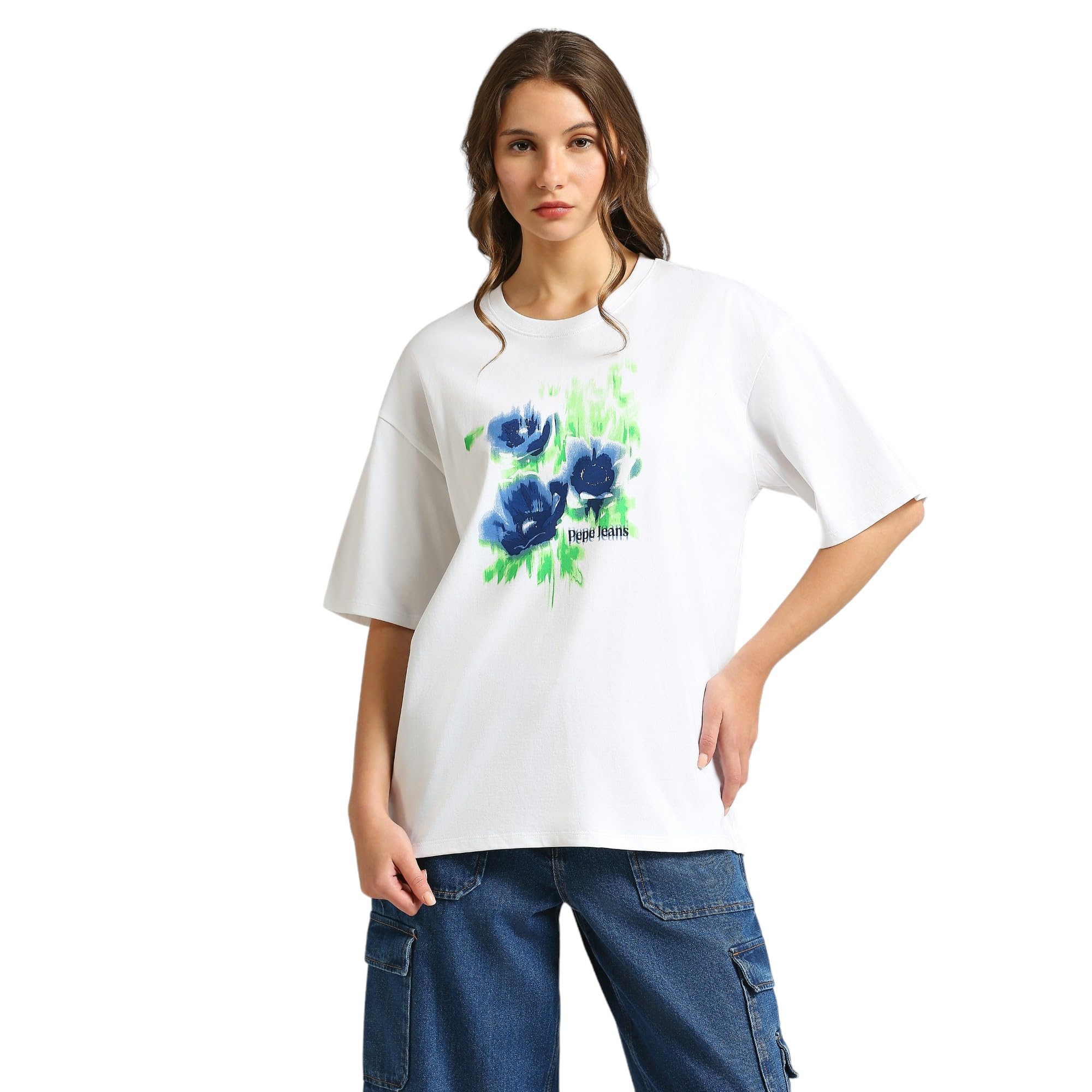 Pepe Jeans WomenS Floral Oversized Fit T-Shirt (Pl505913_Optic White