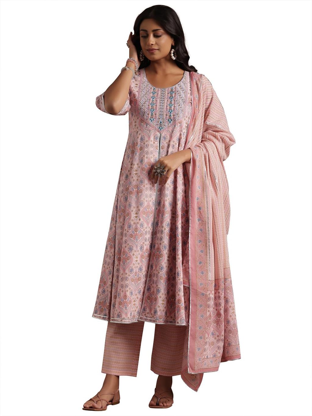 Libas Womens Printed Cotton A-Line Kurta With Palazzos And Dupatta