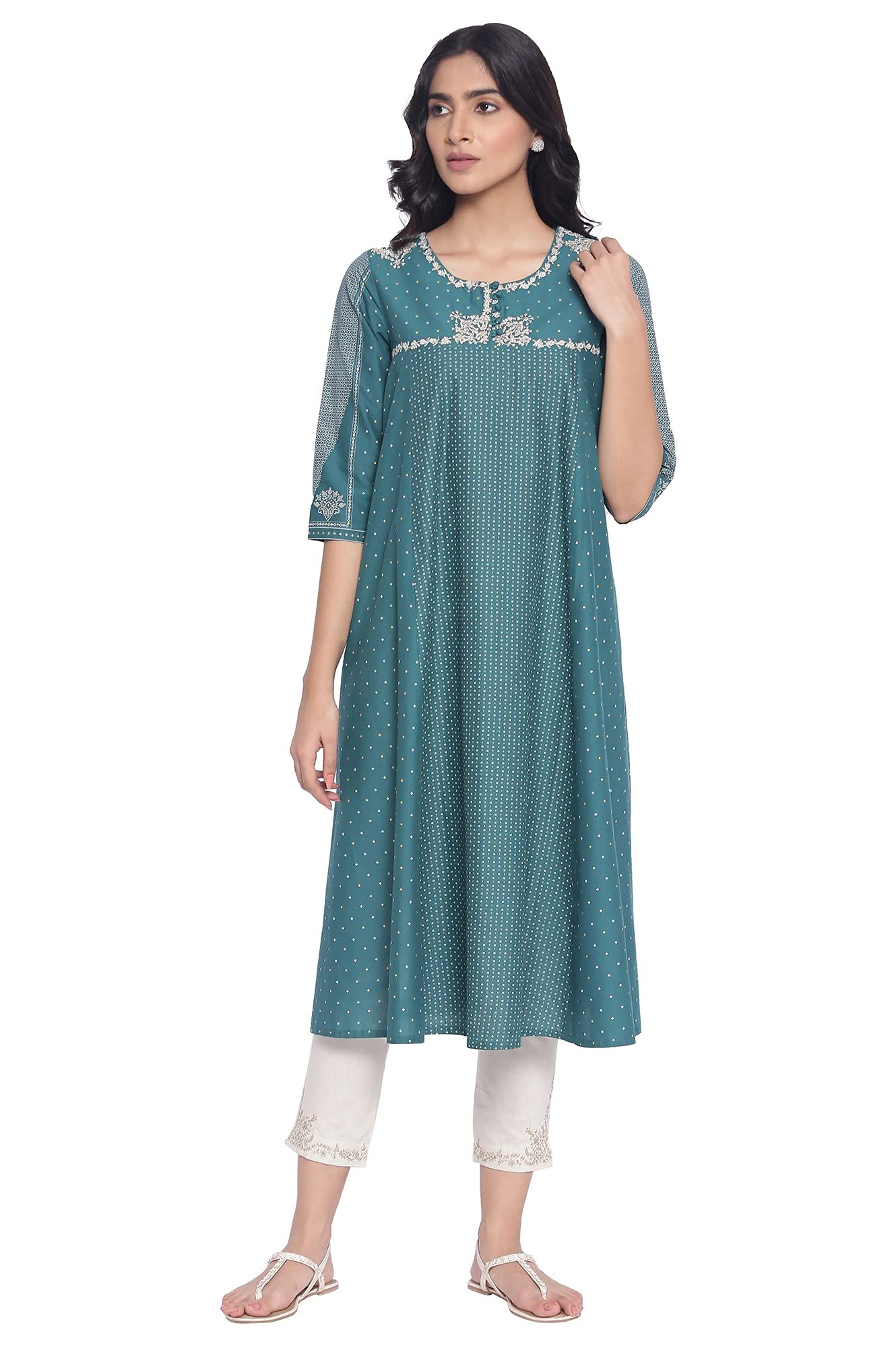 W For Woman Green Polka Dots Printed Flared Kurta_21Auw16282-116841_3Xl