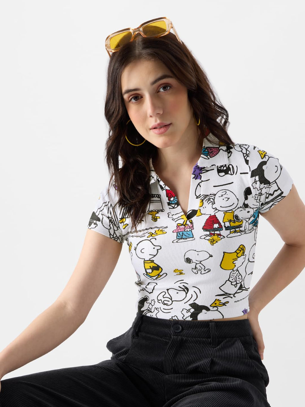 The Souled Store Official Peanuts: Playtime Women and Girls Short Sleeve All Over Print Slim Fit Cropped Polos White