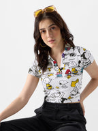 The Souled Store Official Peanuts: Playtime Women and Girls Short Sleeve All Over Print Slim Fit Cropped Polos White
