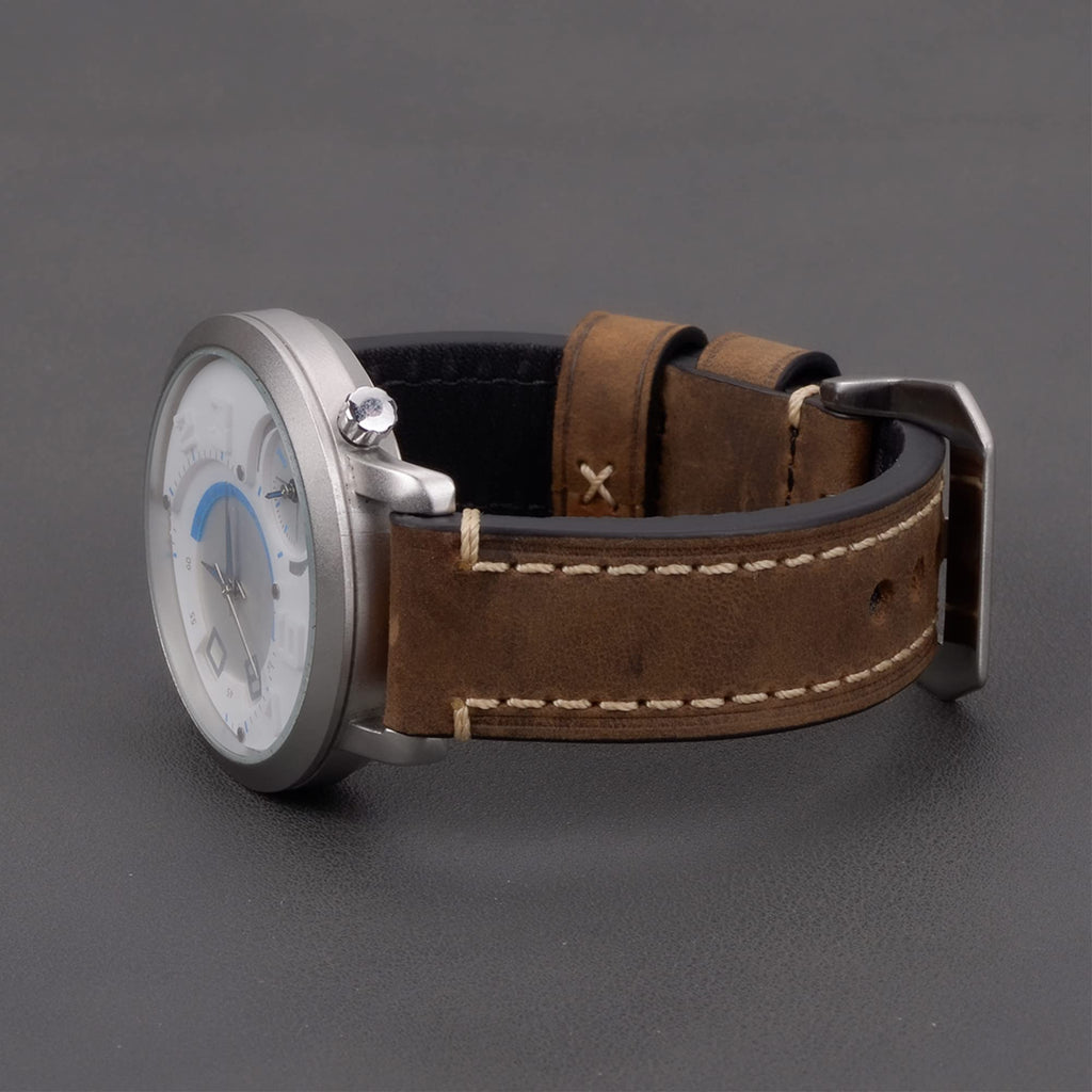 EACHE Mens Watch Band, 20mm Crazy Horse Genuine Leather Handmade Watchband,Watch Straps in Dark Brown-Silver Hardware