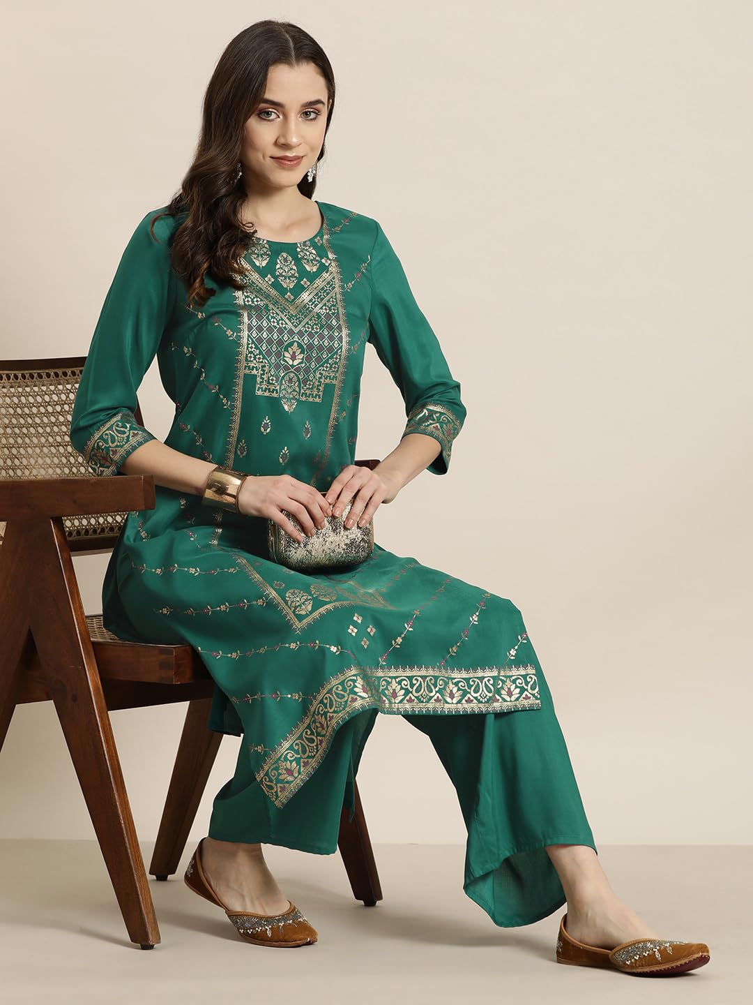 Ziyaa Women Green Color Chinon Straight Foil Printed Kurta And Palazzo Set