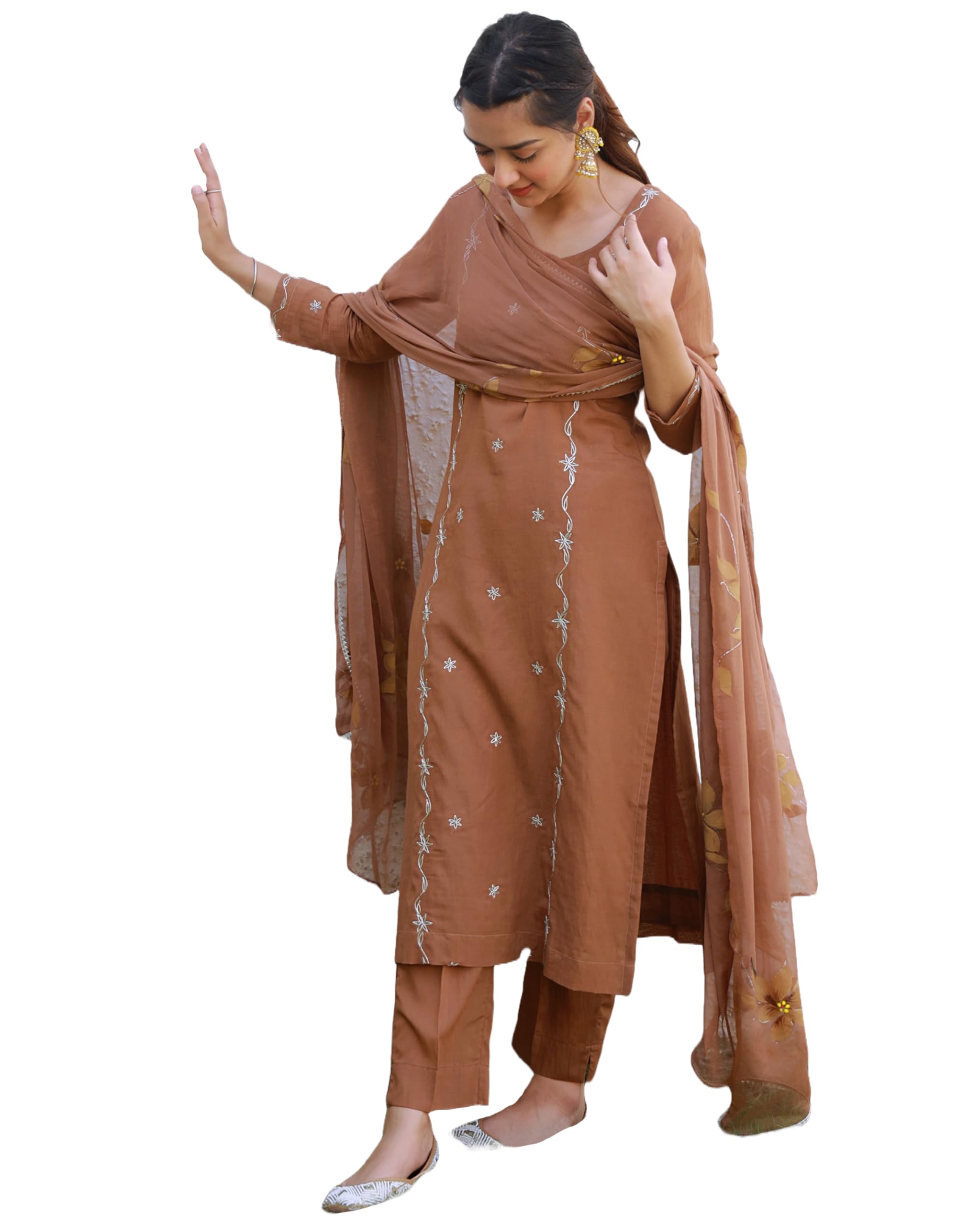 ANNI DESIGNER Women s Kurta with Trousers and Dupatta, Brown, XL