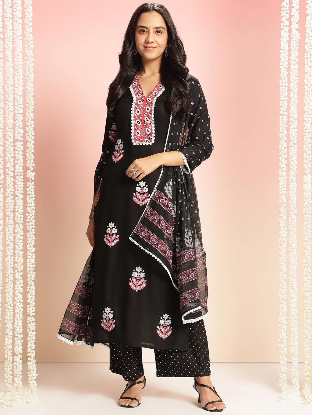 ANNI DESIGNER Women s Rayon Viscose Print Straight Kurta with Pants & Dupatta, Black, 38