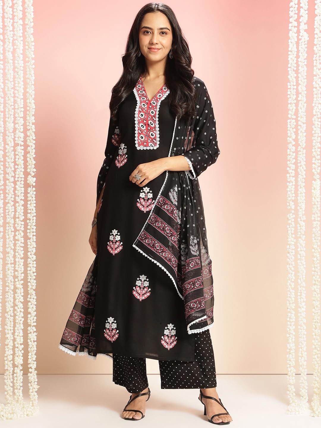 ANNI DESIGNER Women s Rayon Viscose Print Straight Kurta with Pants & Dupatta, Black, 38
