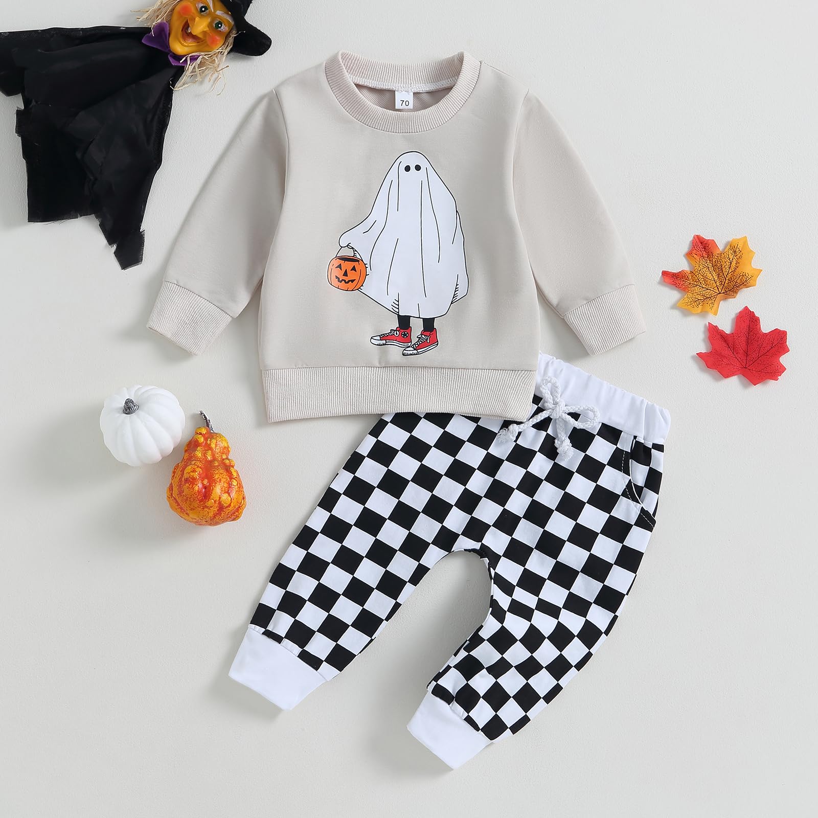Baby Boy Halloween Pants Outfits Long Sleeve Shirts Pumpkin Sweatshirt Pants Infant Boys Fall Halloween Clothes Set (Light Grey)