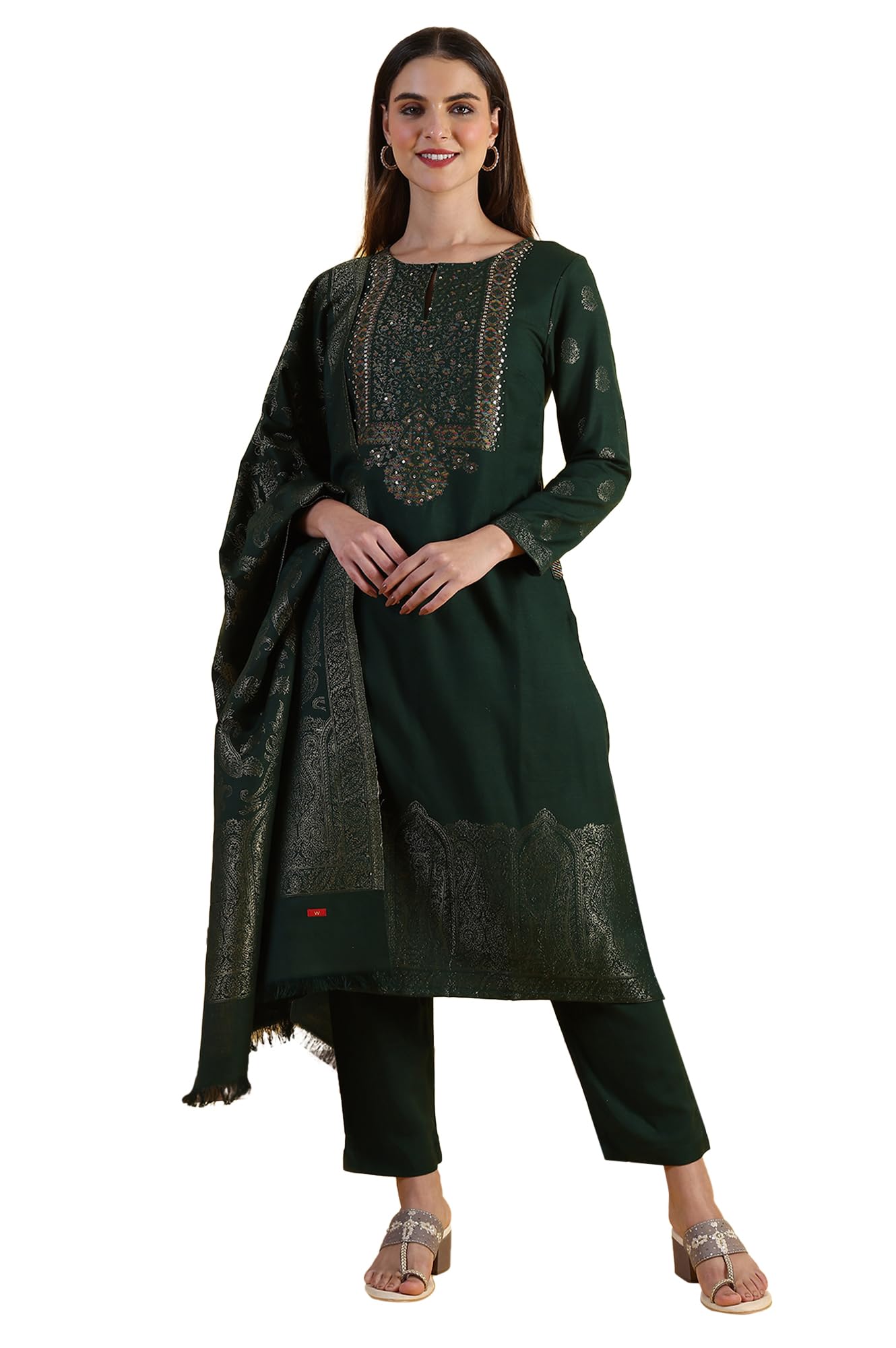 W For Woman Green Yarn Dyed Sequins A-Line Kurta & Straight Pant With Dupatta Set (Size: M)-24Nows11844-314132