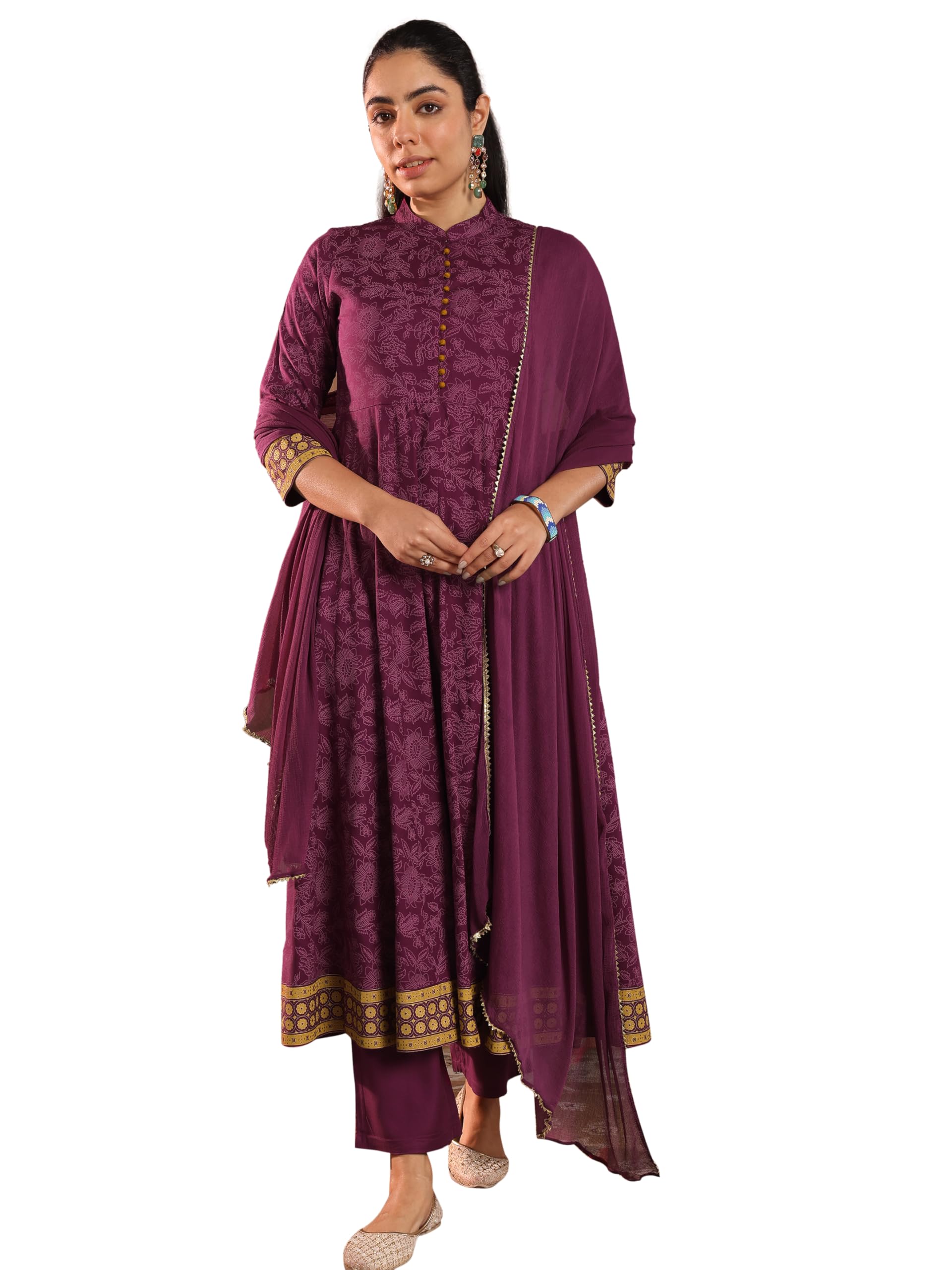 Libas WomenS Viscose Rayon Printed Kurta Set (49426, Burgundy, Large