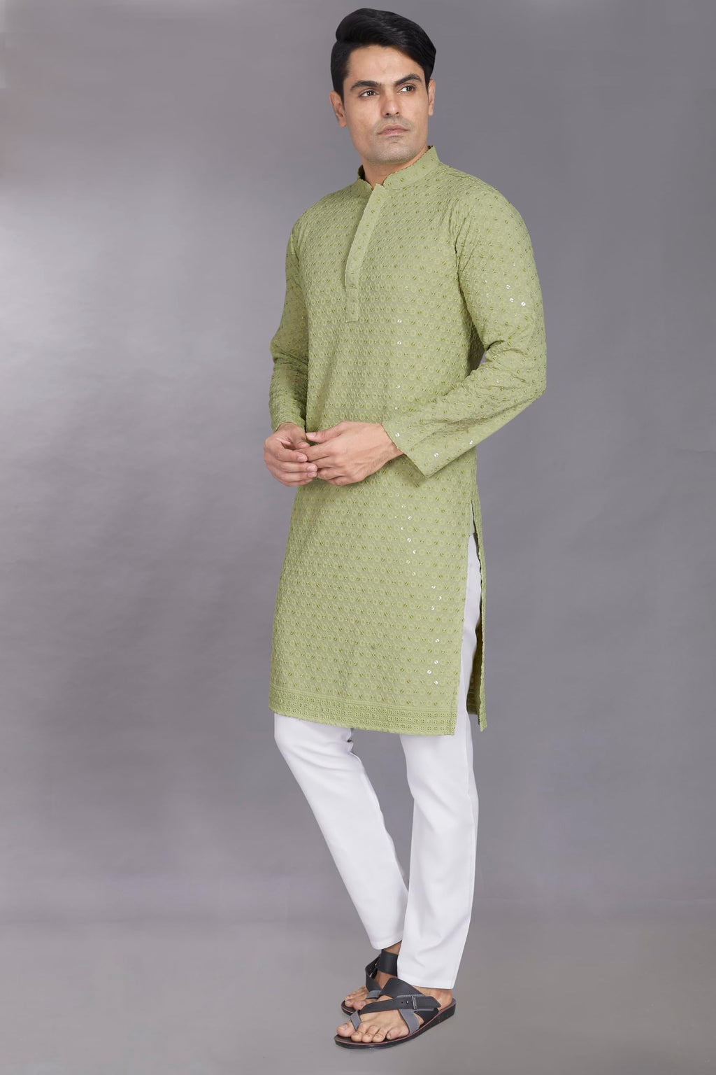 Divisive MenS Sequince Embroidered Cotton Blend Only Slim Fit Kurta (Dkrt882_L_Pista)
