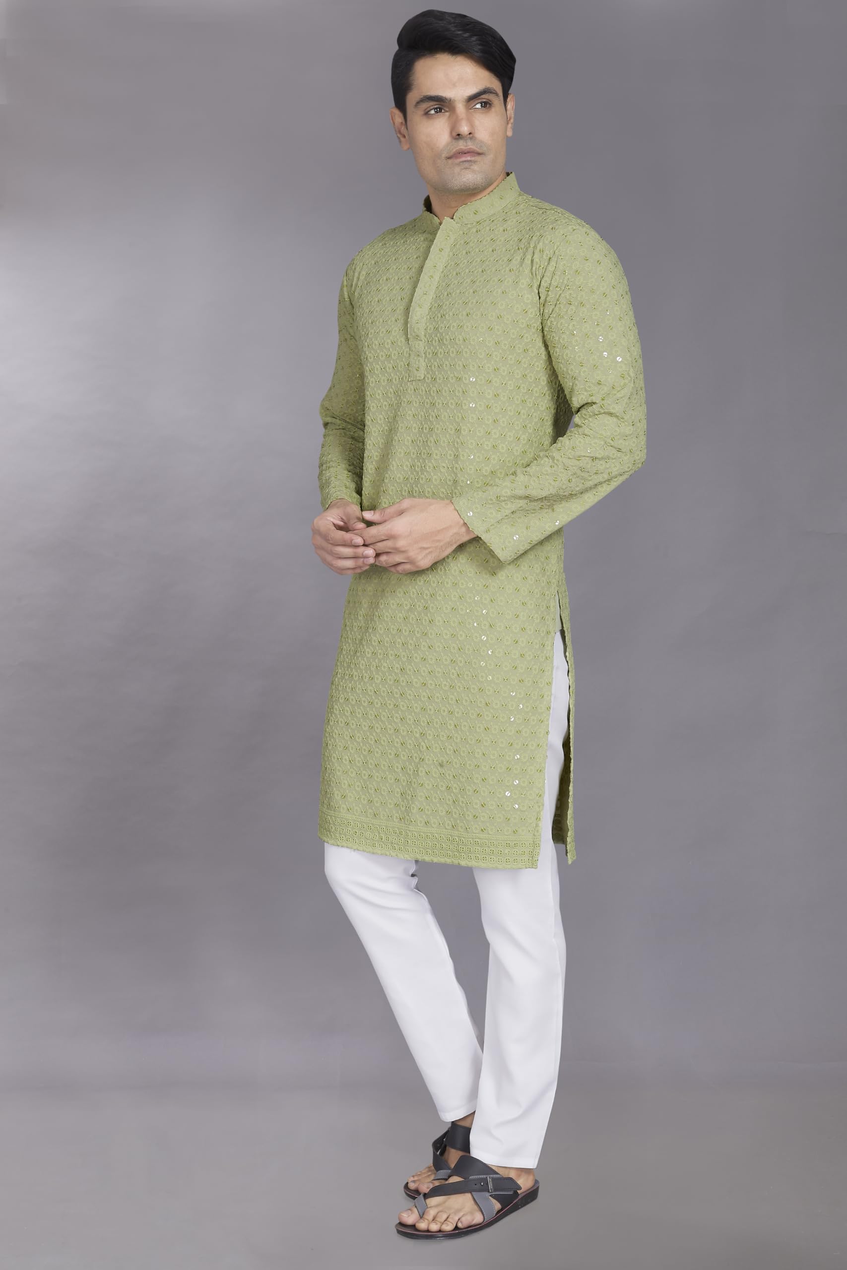 Divisive MenS Sequince Embroidered Cotton Blend Only Slim Fit Kurta (Dkrt882_L_Pista)