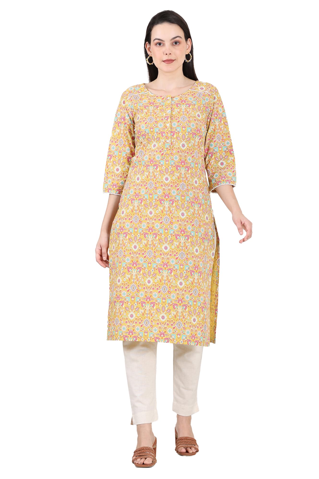 W For Woman Yellow Floral Printed Pure Cotton Straight Kurta_24Austw12078-C7144_2Xl
