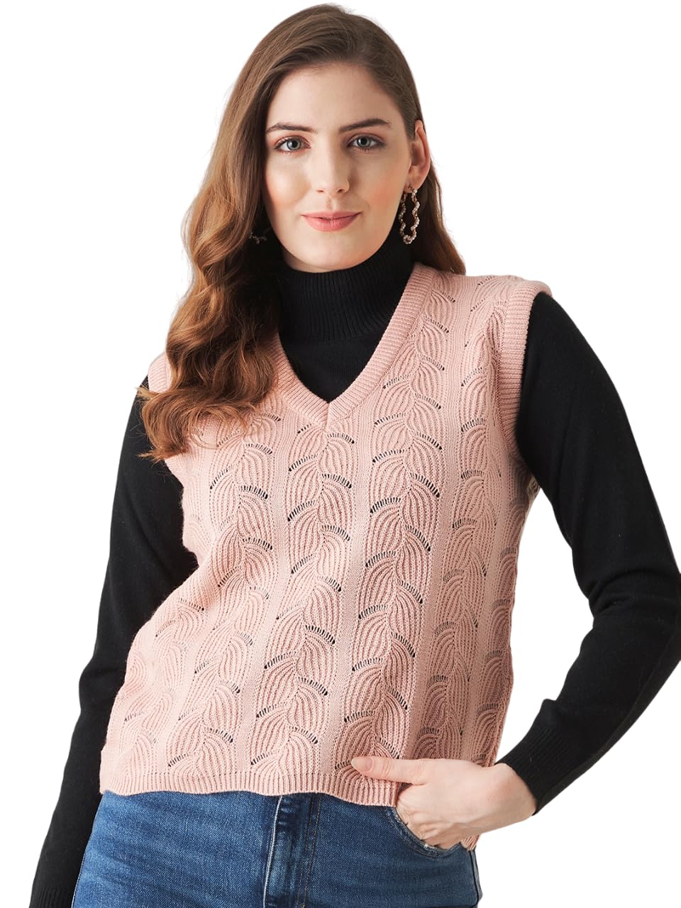 Modeve Self Design V Neck Casual Women Pink Sweater||Winterwear||