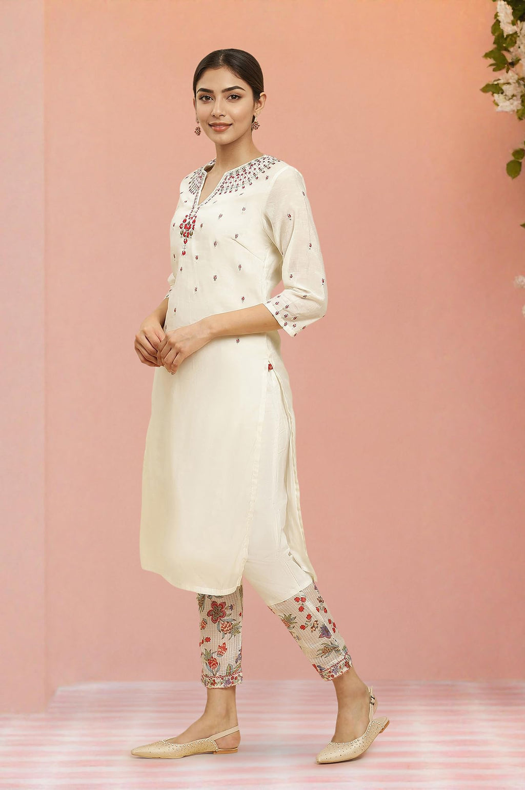 W for Woman Off W For Womanhite Floral Printed Sequined Blend Kurta Dupatta Bottomwear