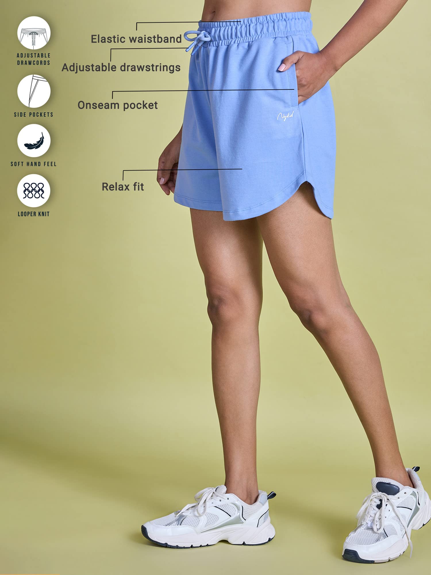 Nykd (Nyle503 Relaxed Fit Knitted Terry Cotton Shorts For Women | Soft & Comfortable Shorts With Drawcord Waistband & 2 Side Poc