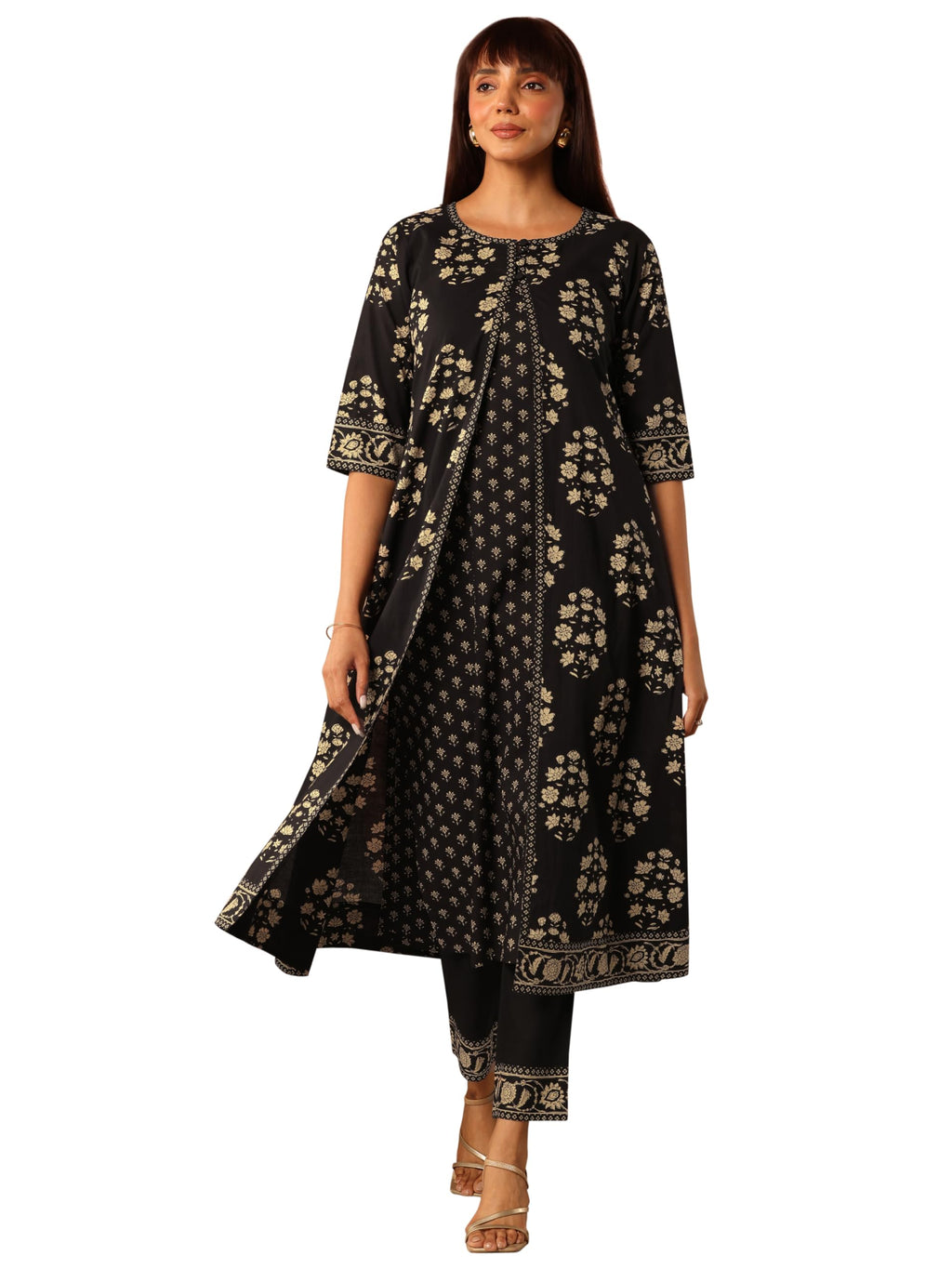 Libas Womens Printed Cotton A-Line Kurta With Trousers and Jacket
