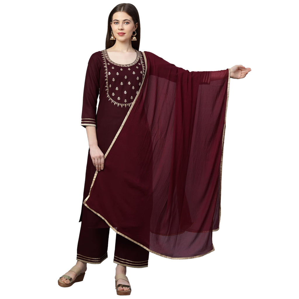 ANNI DESIGNER Womens Cotton Straight Kurta with Palazzo & Dupatta (KPZD-COT-10127-MAROON_S_Maroon_Small)