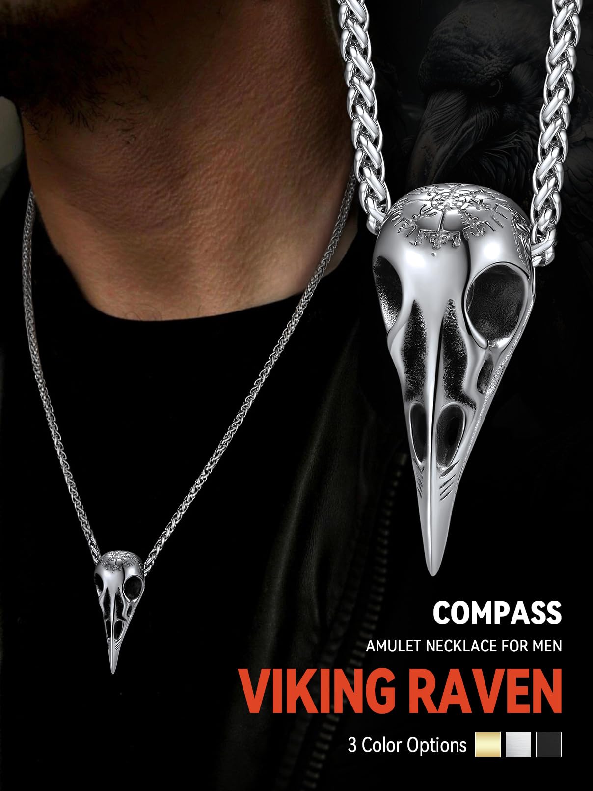 FaithHeart Viking Raven Skull Necklace for Men Stainless Steel Punk Crow Head Pendant Gothic Jewelry Halloween Accessories