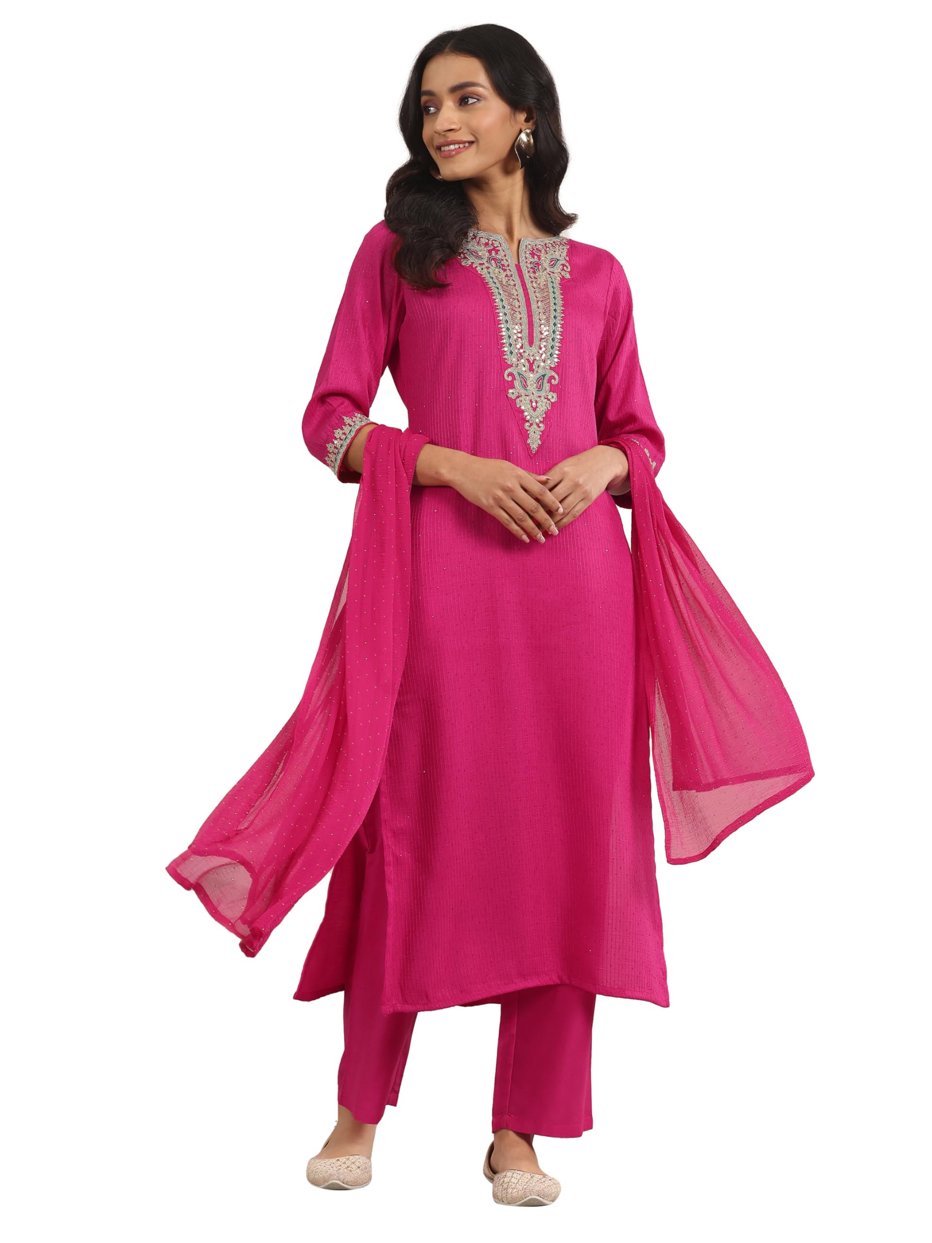 Gerua By Libas Embellished Silk Blend Straight Kurta With Trouser and Dupatta