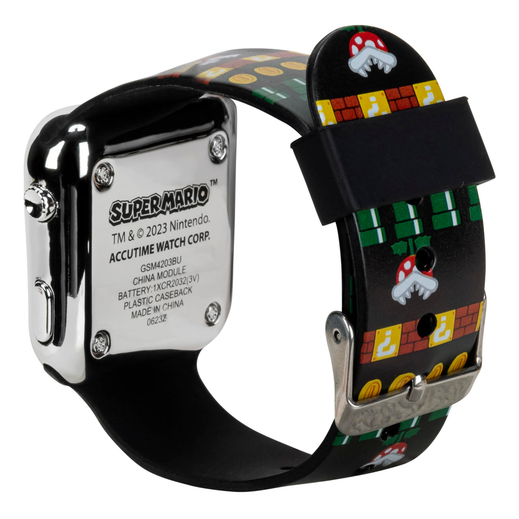 Accutime Nintendo Super Mario Kids LED Watch - Silver Plastic Case, Red LED Display, Iconic Mario Design, Durable Strap with Pri