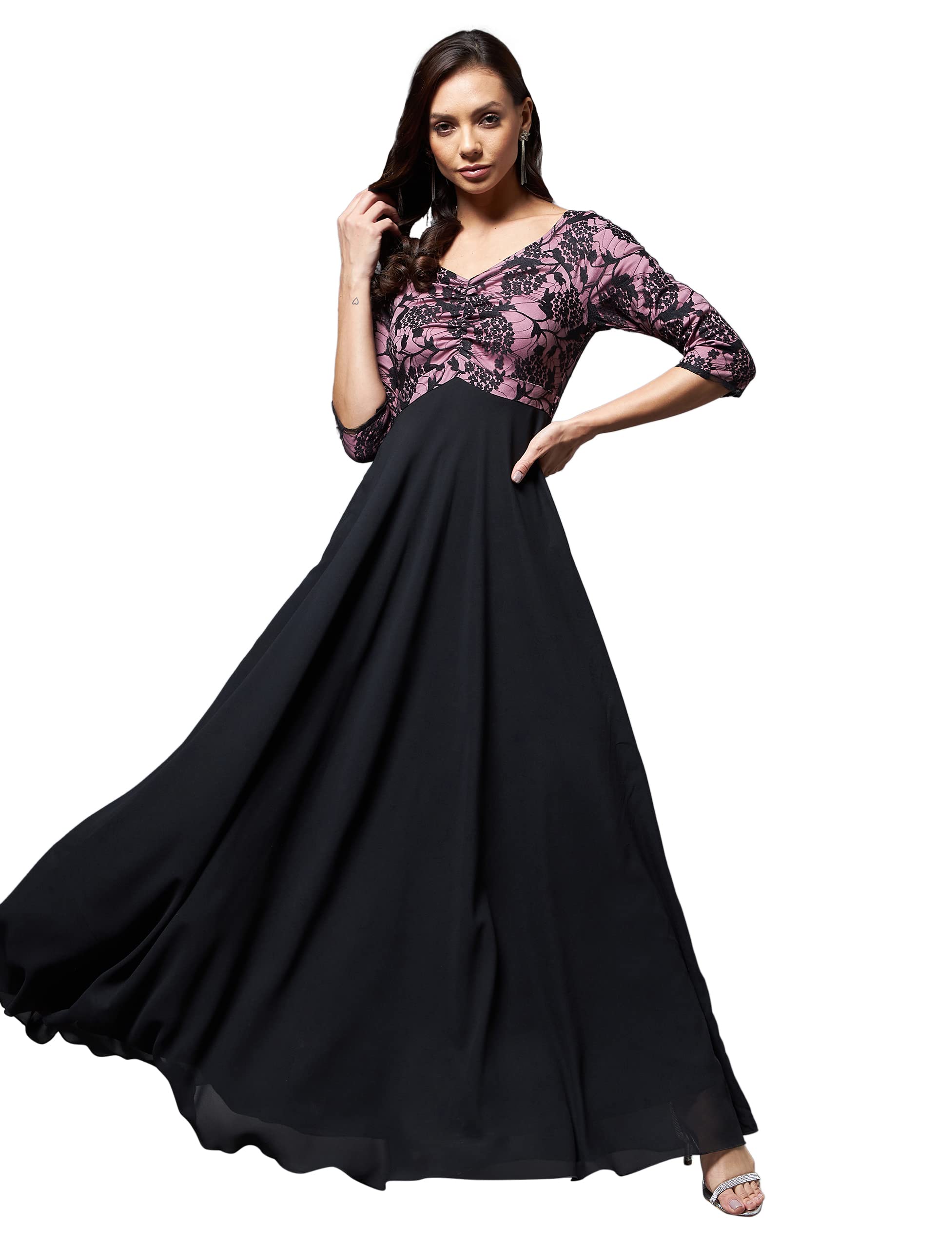 Miss Chase WomenS Black And Lavender Sweet Heart Neck 3/4 Sleeve Self Design Fit & Flare Maxi Dress (Mcss22D13-62-245-07, Black