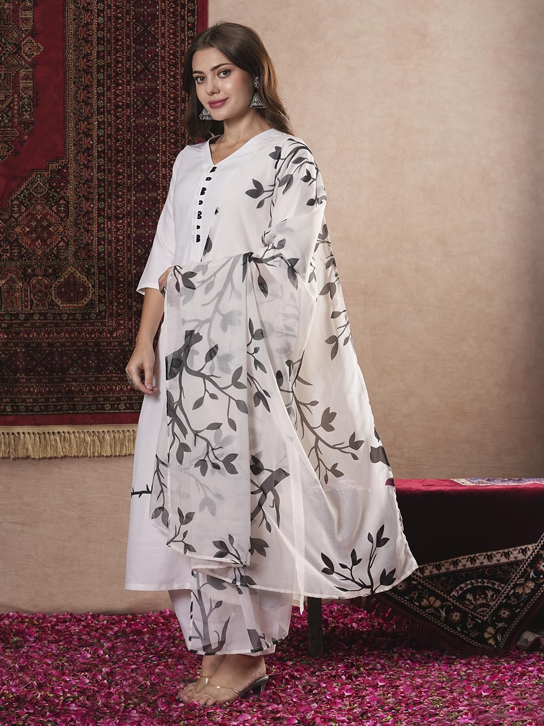 ANNI DESIGNER Womens Cotton Blend Straight Printed Kurta with Pant & Dupatta (JAYACHITRA White_XXL_White_XX-Large)