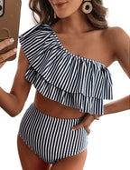 VIMPUNEC Ruffle One Shoulder Swimsuits for Women Striped High Waisted Two Piece Bathing Suits Black Stripes