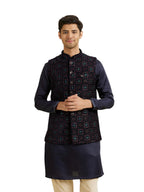 Manyavar Mens Velvet Embroidered Nehru Jacket(Dark Blue,XXL)