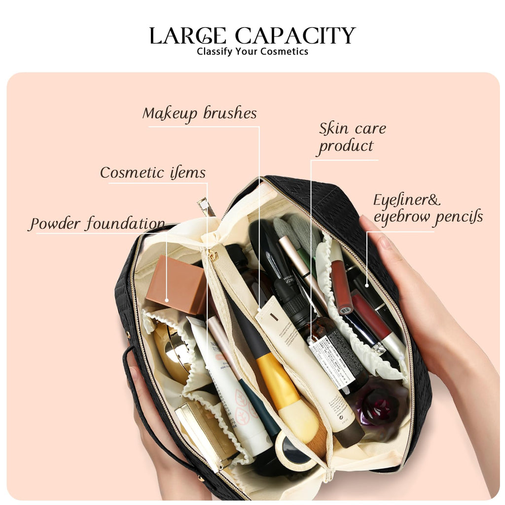 AURUZA Spacious Travel-Ready Makeup bag-Deluxe Cosmetic Bag Organizer with Adjustable Divider-Carry Handle-and Flat Lay Design-I