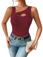 Sugathari Womens Maroon Cut Out Asymmetrical Neck Rib Knit Jeans Korean Trendy Tank Western Tops for Women Stylish (T-Shirt 182